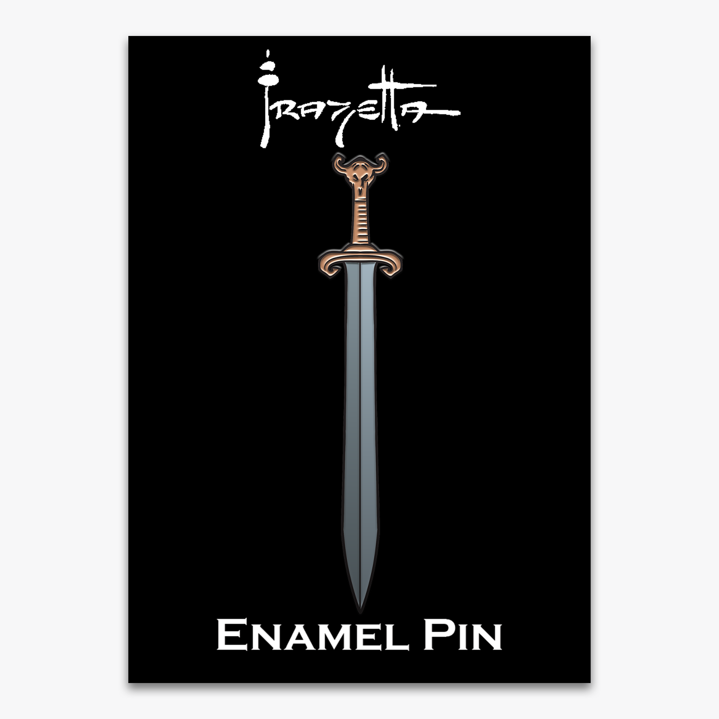 Frazetta Barbarian Sword enamel pin on black backer card featuring a sleek black nickel finish, perfect for collectors and fans of Frank Frazetta’s legendary artwork.