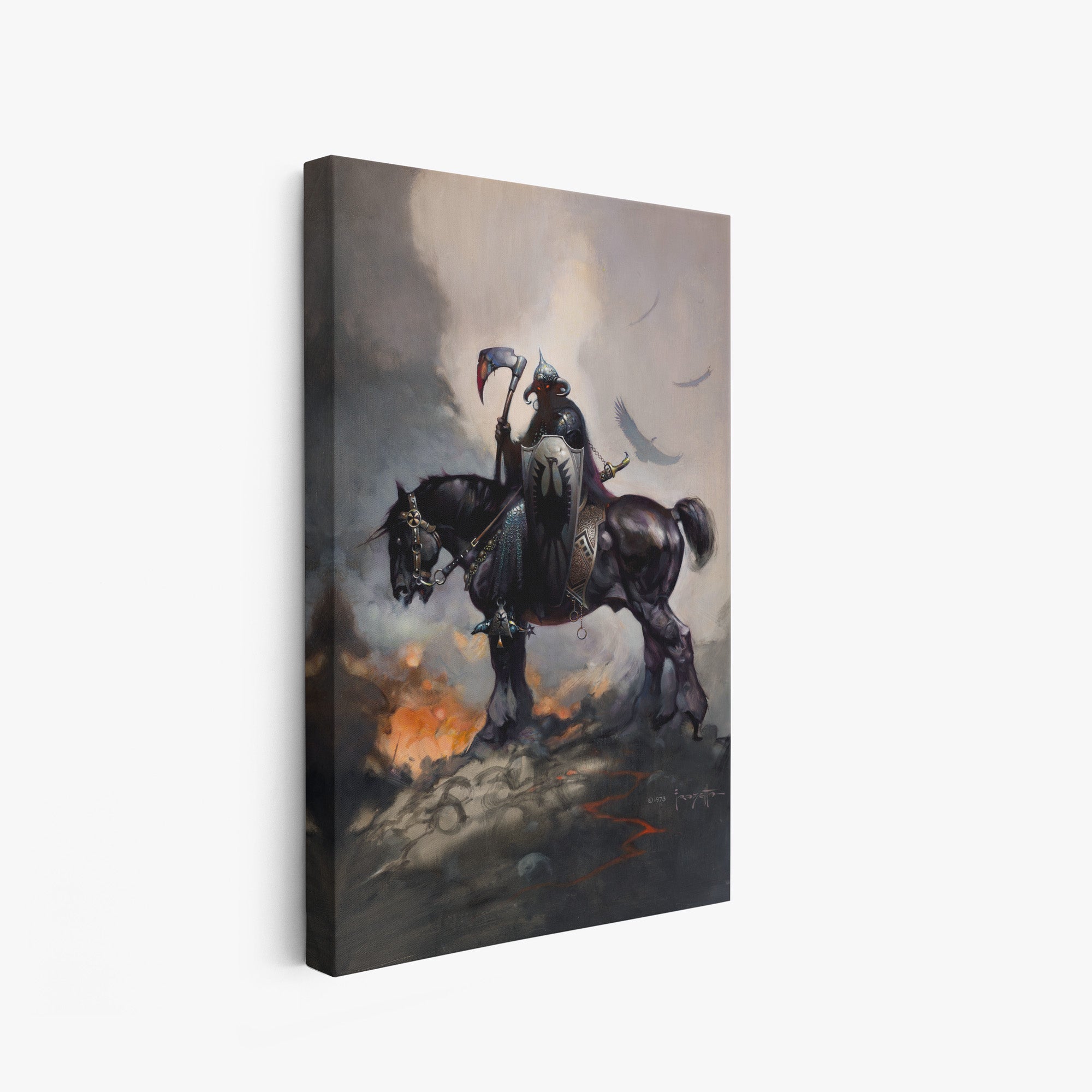 A canvas print of Frazetta’s Death Dealer I hung on a white wall, showcasing the artwork with mirror-wrapped edges for a seamless, dimensional look.