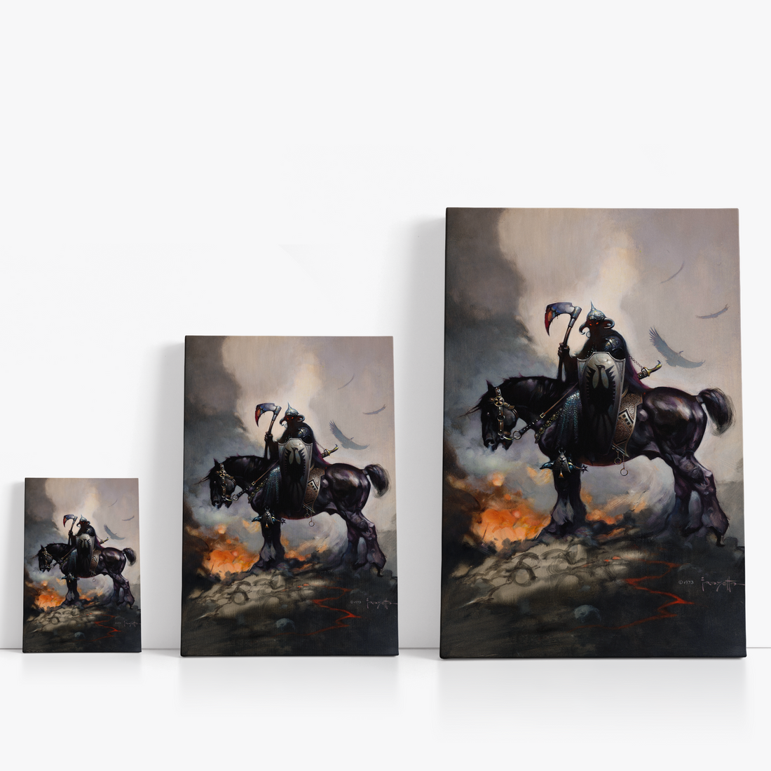 Three wrap-around canvas prints of Frazetta’s Death Dealer I in different sizes, showcasing the artwork with mirror-wrapped edges for a seamless, dimensional look.