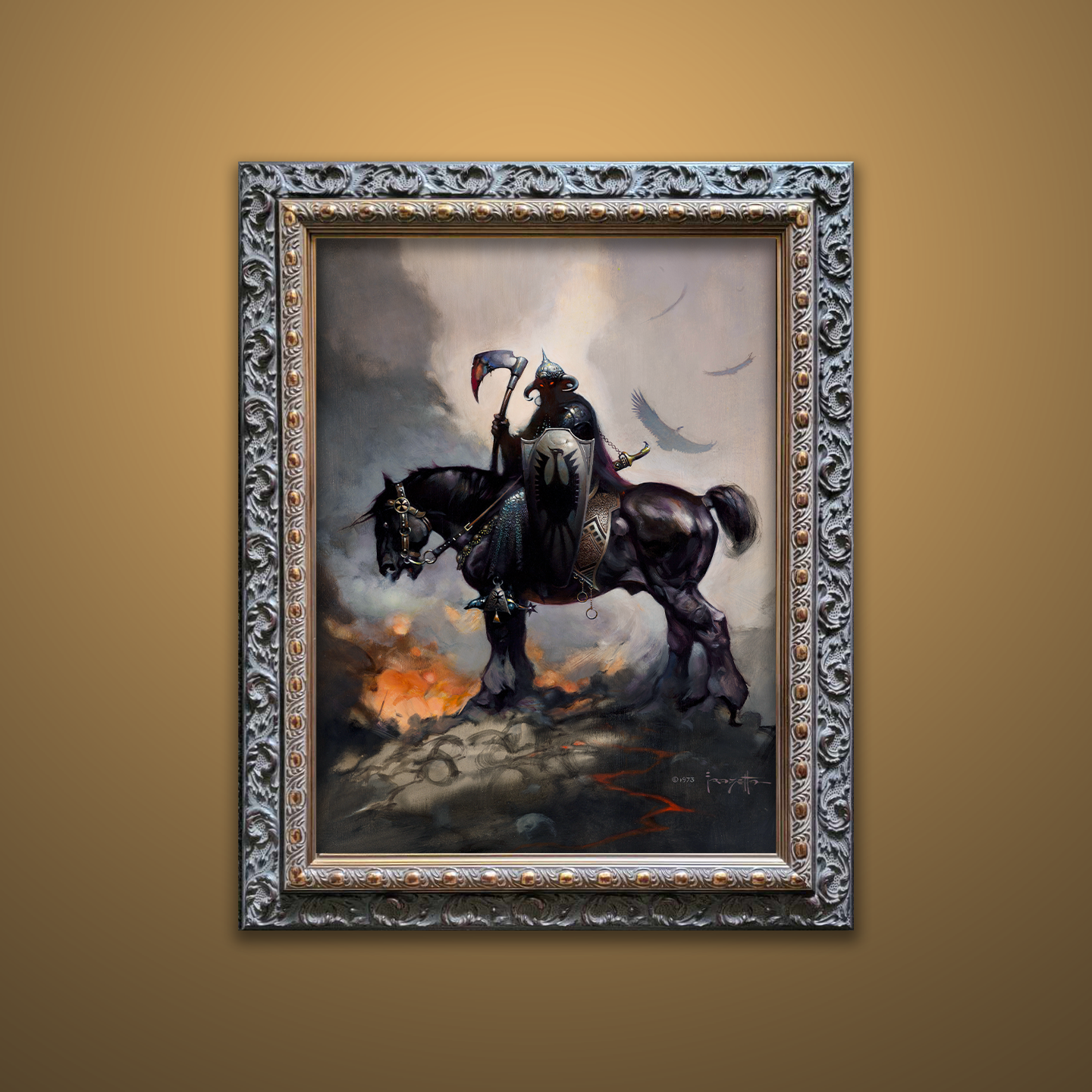 Frazetta's Death Dealer I in a Mahogany Frame Against a Brown Background