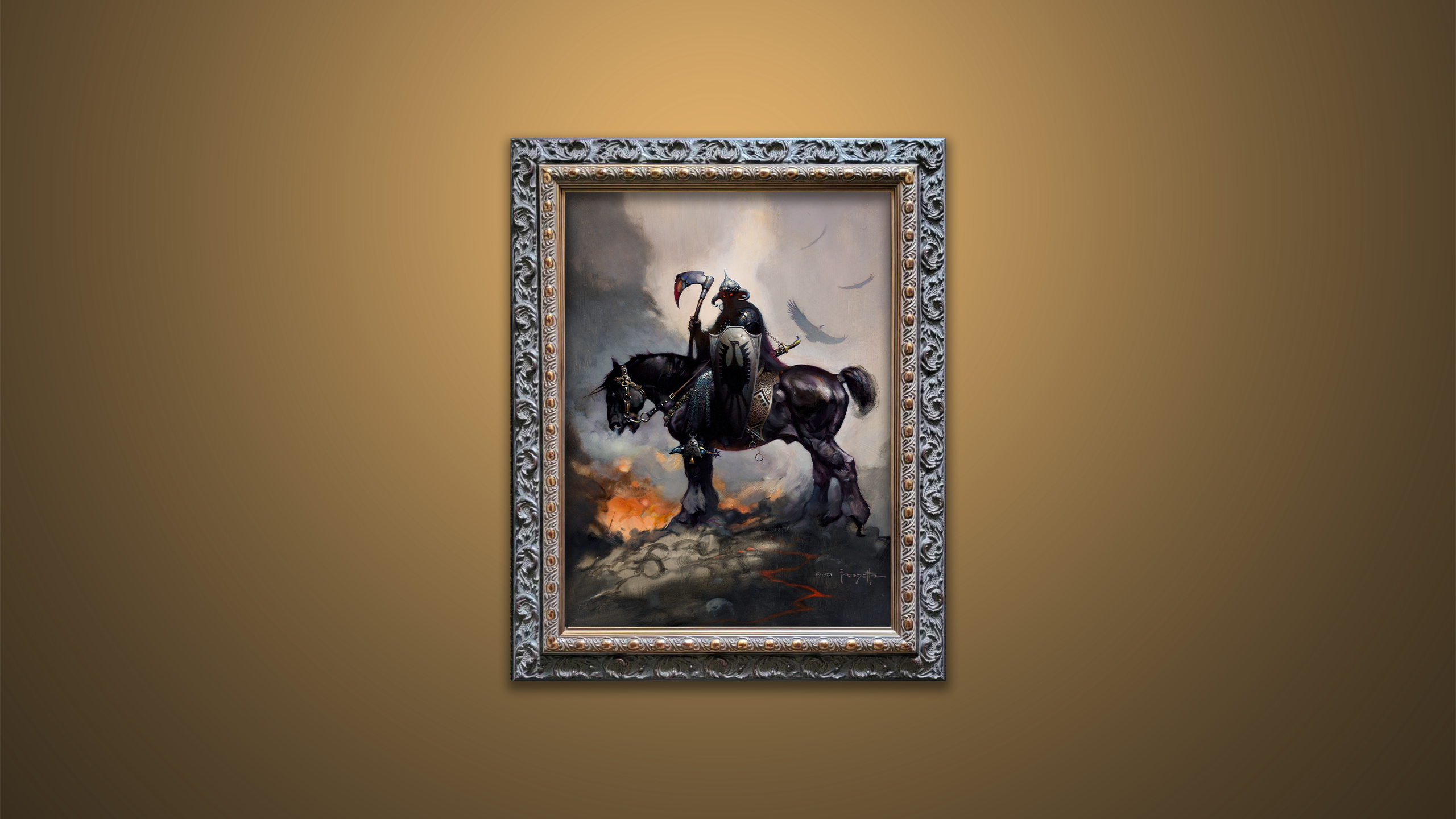 Frazetta's Death Dealer I in a Mahogany Frame Against a Brown Background