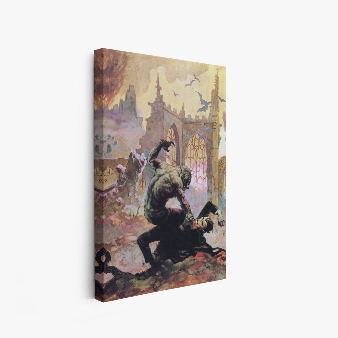 A canvas print of Frazetta’s Dracula Meets the Wolfman hung on a white wall, showcasing the artwork with mirror-wrapped edges for a seamless, dimensional look.