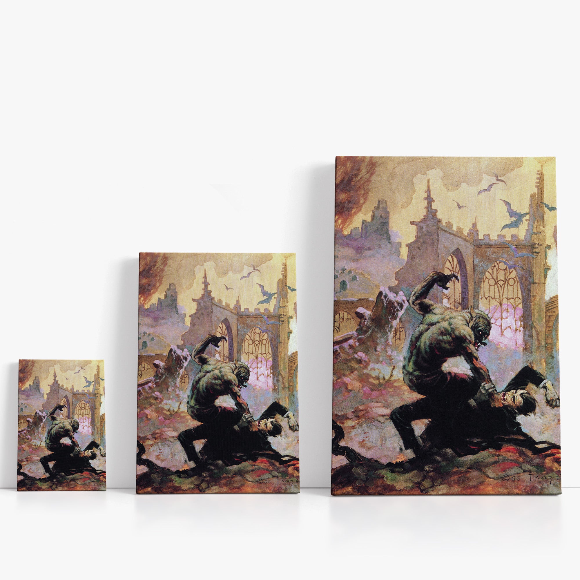 Three wrap-around canvas prints of Frazetta’s Dracula Meets the Wolfman in different sizes, showcasing the artwork with mirror-wrapped edges for a seamless, dimensional look.