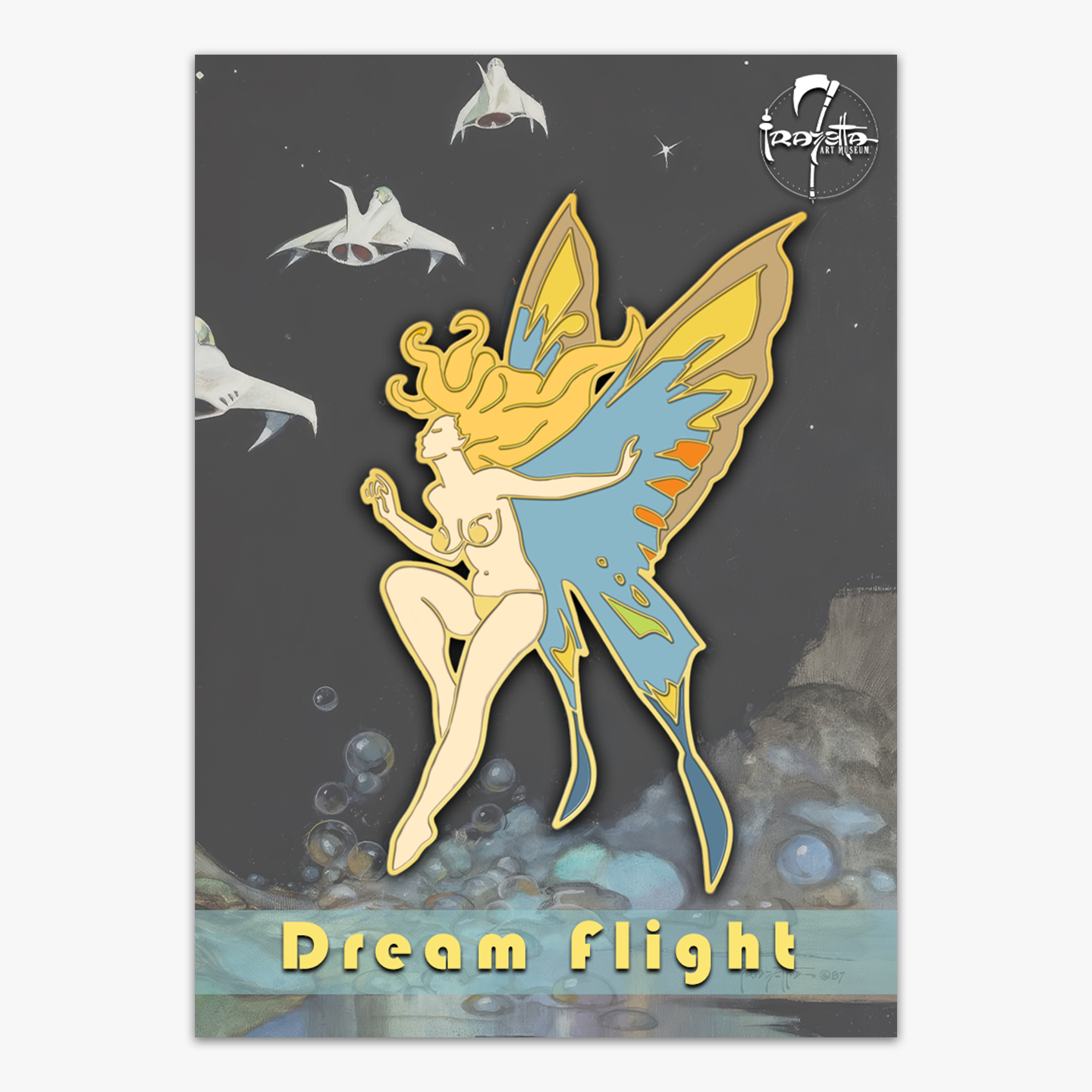 Dream Flight enamel pin featuring Frank Frazetta’s iconic fairy illustration, crafted with hard enamel and a gold finish for a premium collector’s item.