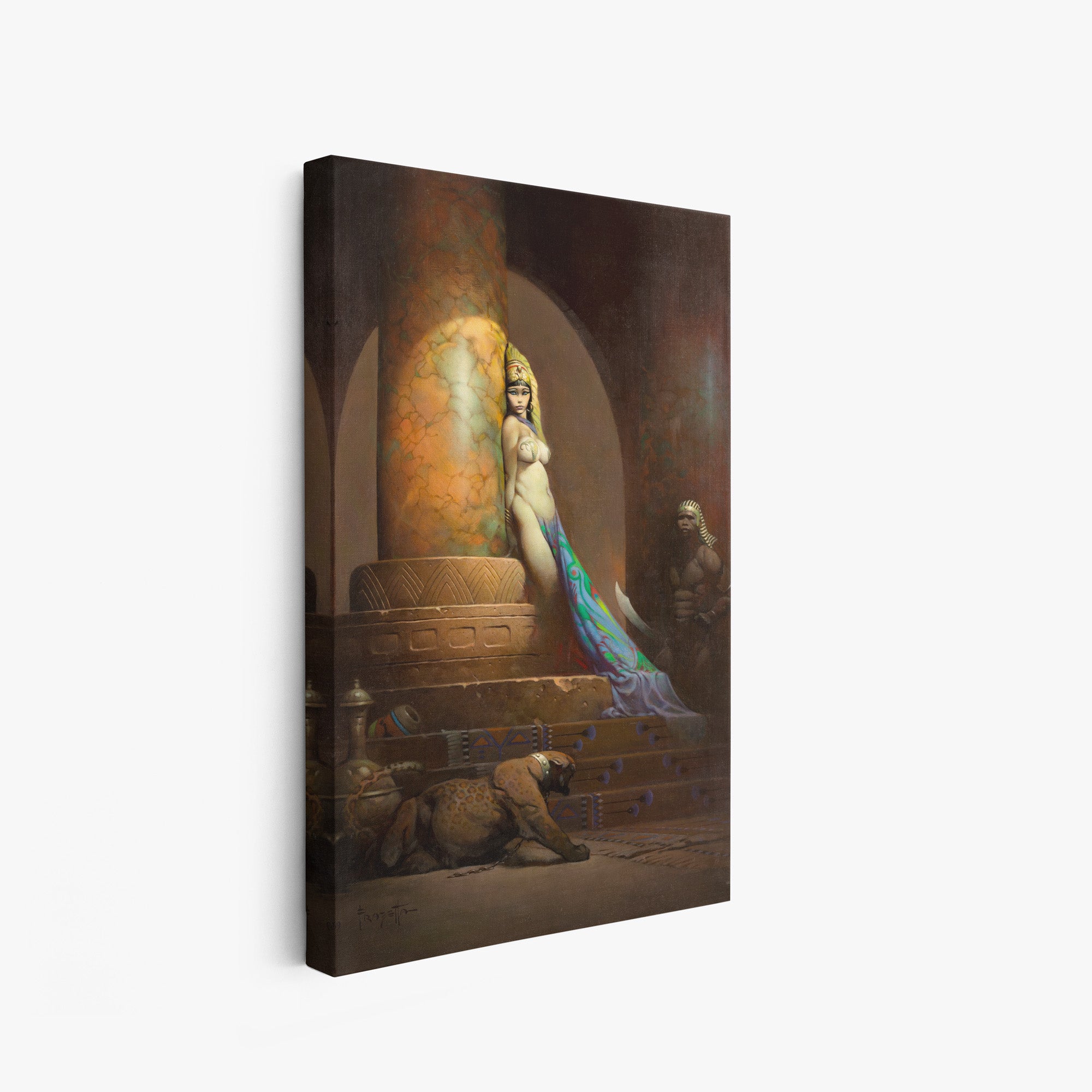 A canvas print of Frazetta’s Egyptian Queen hung on a white wall, showcasing the artwork with mirror-wrapped edges for a seamless, dimensional look.