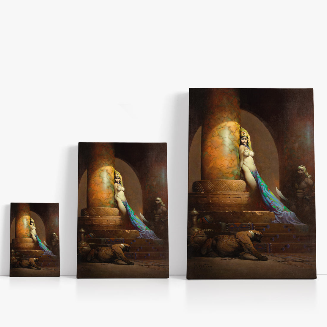 Three wrap-around canvas prints of Frazetta’s Egyptian Queen in different sizes, showcasing the artwork with mirror-wrapped edges for a seamless, dimensional look.