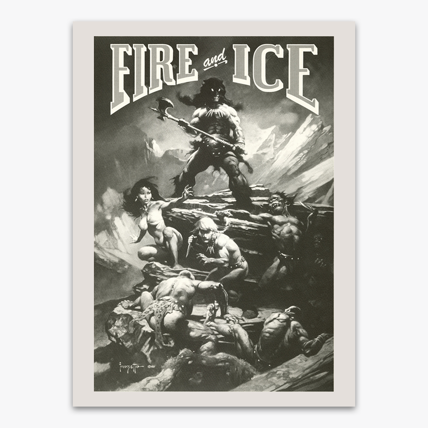 Fire and Ice portfolio cover, showcasing the original movie poster by Frank Frazetta from the 1983 animated film Fire and Ice, printed on textured heavy paper.