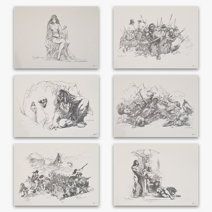 Fire and Ice portfolio plates, showcasing six original pencil drawings by Frank Frazetta from the 1983 animated film Fire and Ice, printed on textured heavy paper.