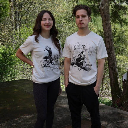 Man and Woman Wearing The Witch King and Grey Wizard T-Shirt – Frank Frazetta’s Iconic Fantasy Artwork on Soft Cotton Tee