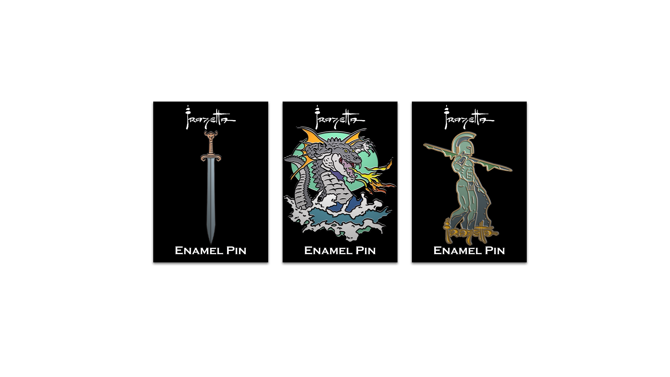 Three Frazetta enamel pins on black backer cards featuring Atlantis, Flying Alligator, and the Barbarian Sword.