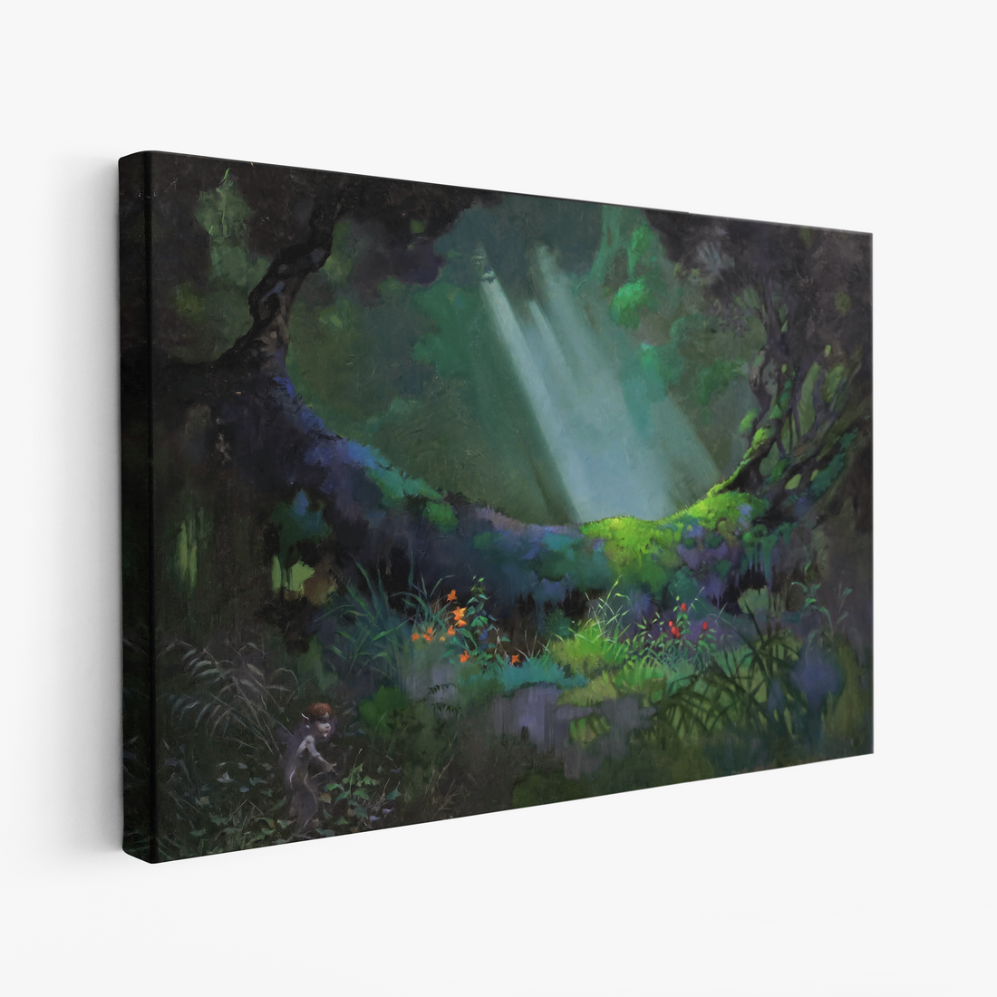 A canvas print of Frazetta’s Glade of the Pixies hung on a white wall, showcasing the artwork with mirror-wrapped edges for a seamless, dimensional look.