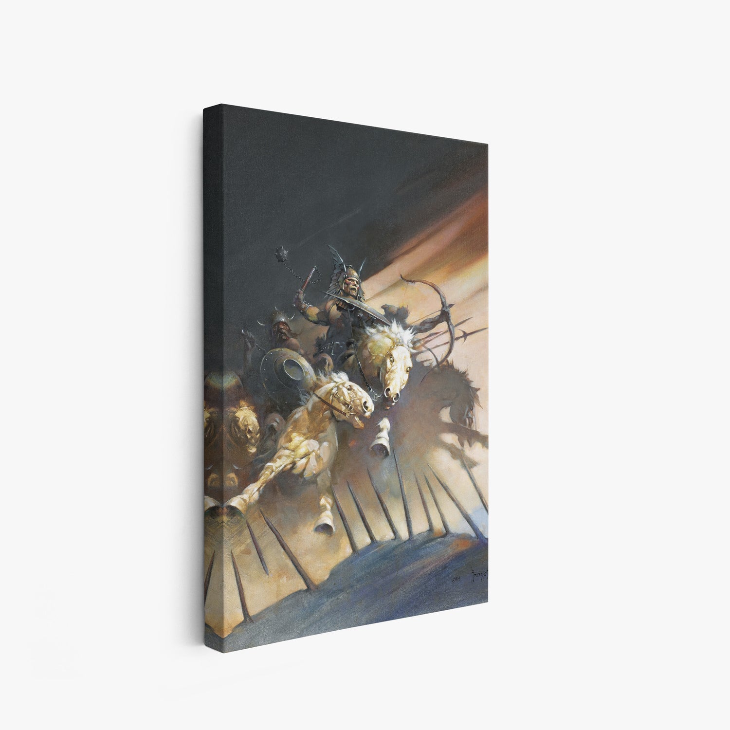 A canvas print of Frazetta’s Huns hung on a white wall, showcasing the artwork with mirror-wrapped edges for a seamless, dimensional look.