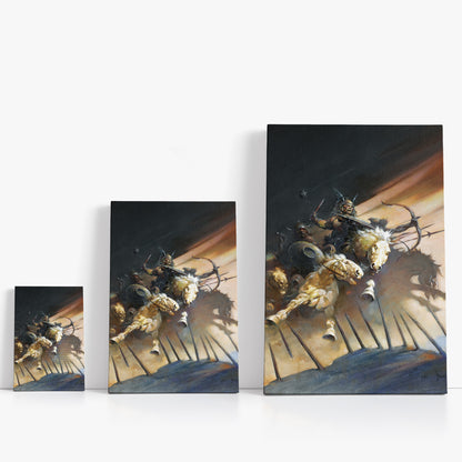 Three wrap-around canvas prints of Frazetta’s Huns in different sizes, showcasing the artwork with mirror-wrapped edges for a seamless, dimensional look.