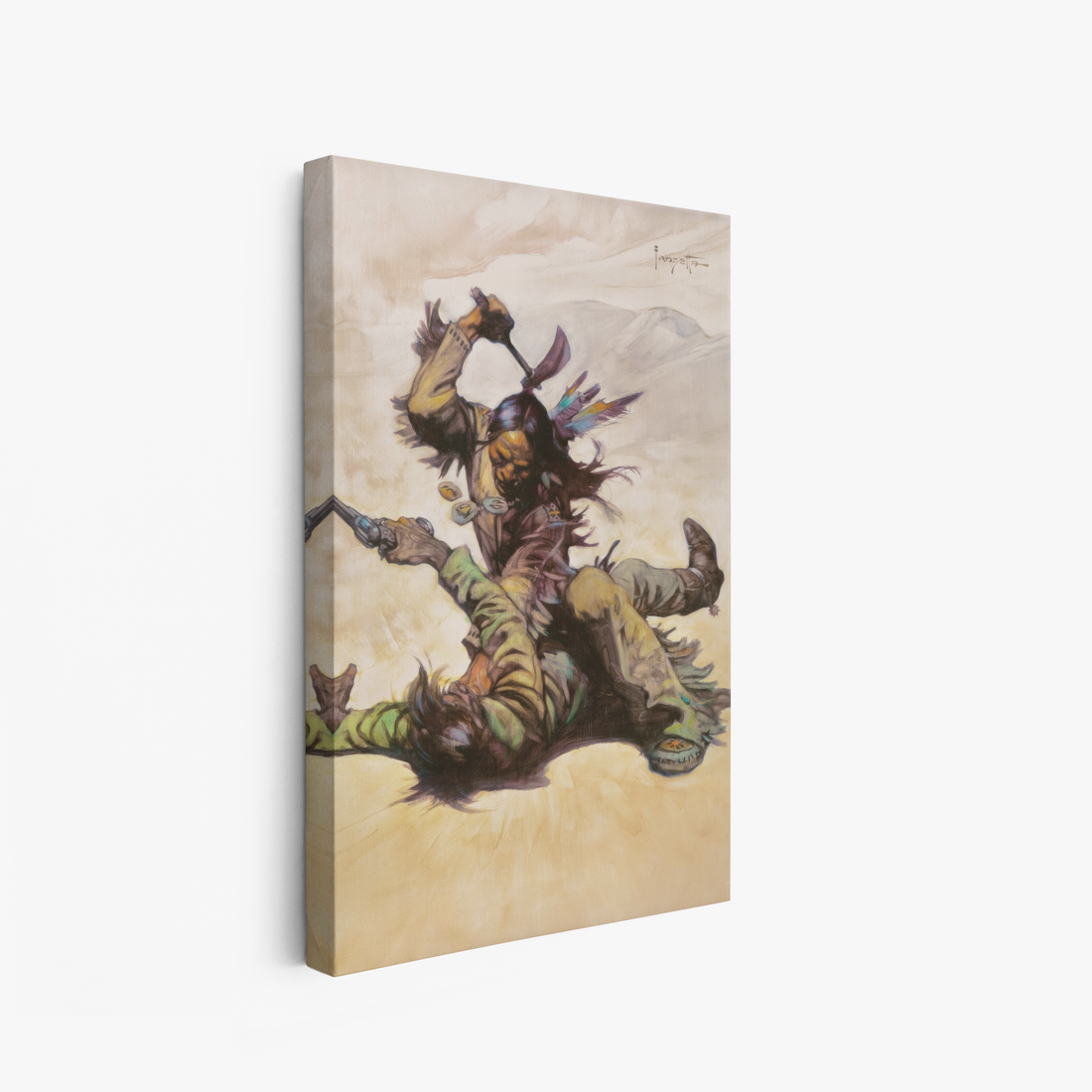 A canvas print of Frazetta’s Summer of hte Coup hung on a white wall, showcasing the artwork with mirror-wrapped edges for a seamless, dimensional look.