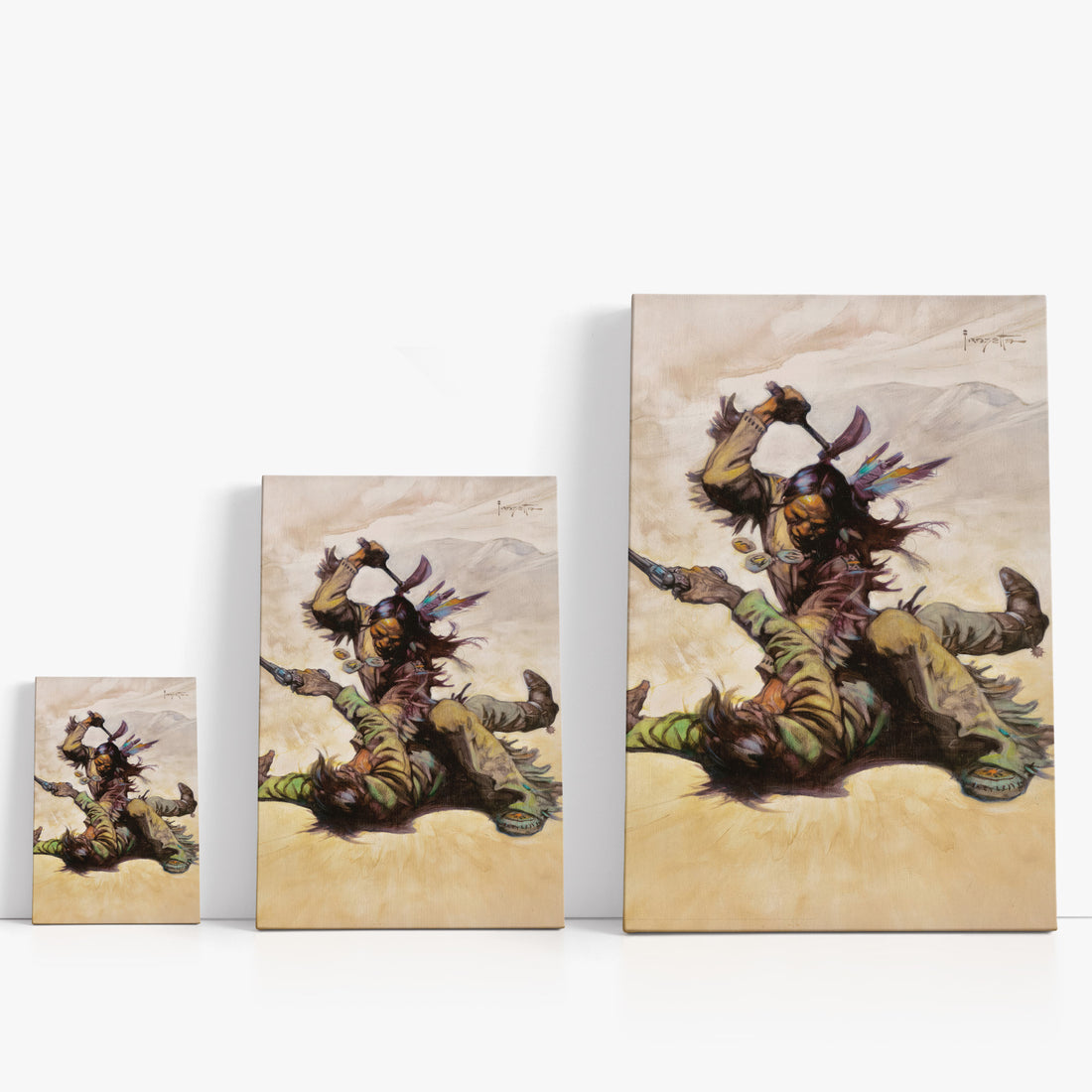 Three wrap-around canvas prints of Frazetta’s Summer of the Coup in different sizes, showcasing the artwork with mirror-wrapped edges for a seamless, dimensional look.