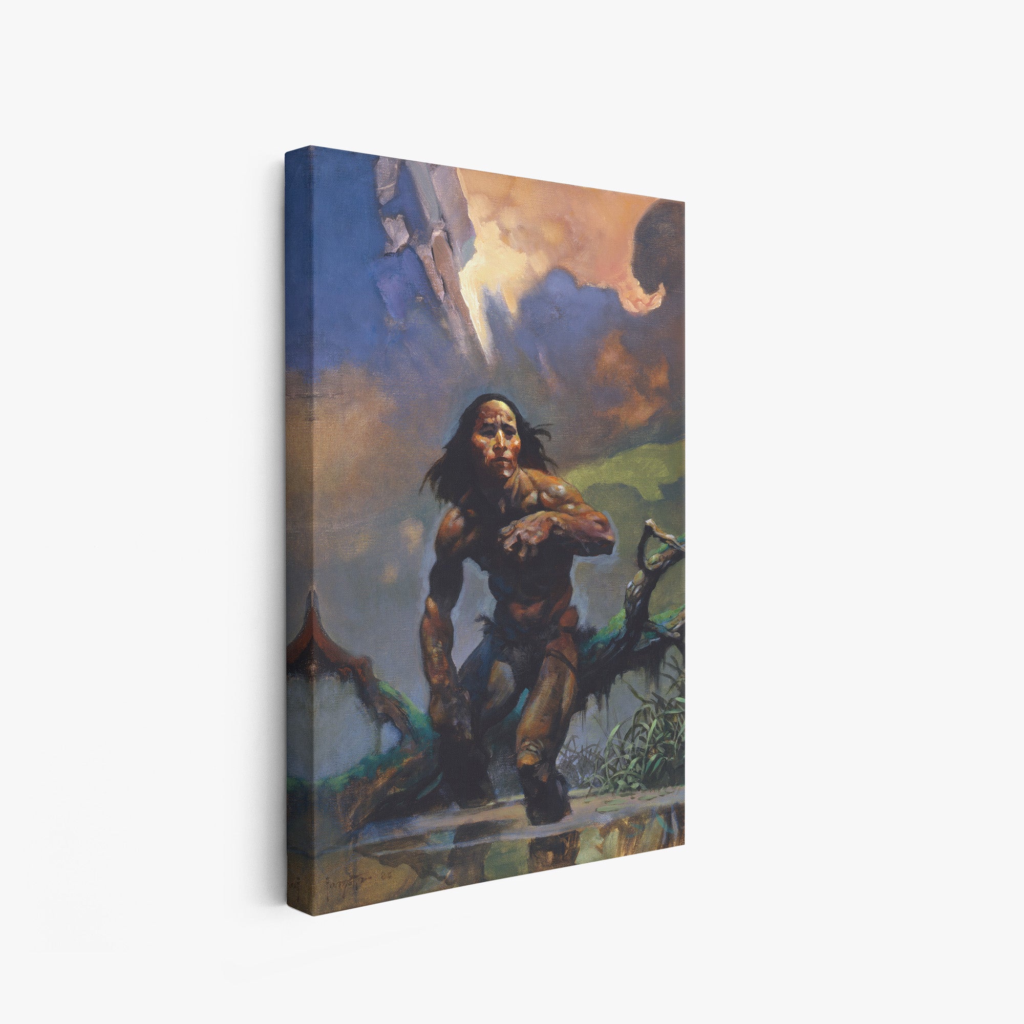 A canvas print of Frazetta’s Swamp Walker hung on a white wall, showcasing the artwork with mirror-wrapped edges for a seamless, dimensional look.