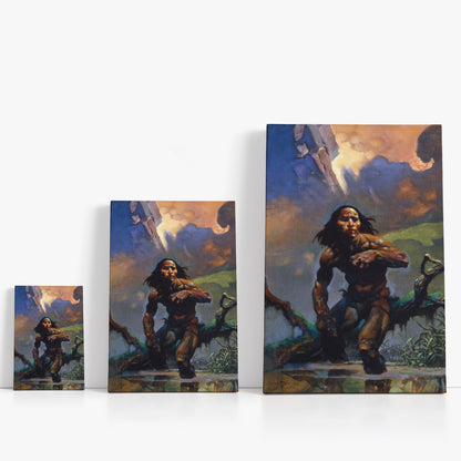 Three wrap-around canvas prints of Frazetta’s Swamp Walker in different sizes, showcasing the artwork with mirror-wrapped edges for a seamless, dimensional look.