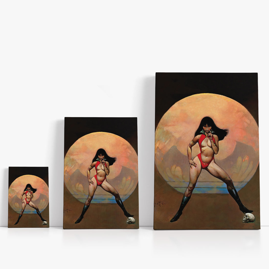 Three wrap-around canvas prints of Frazetta’s Vampiress in different sizes, showcasing the artwork with mirror-wrapped edges for a seamless, dimensional look.