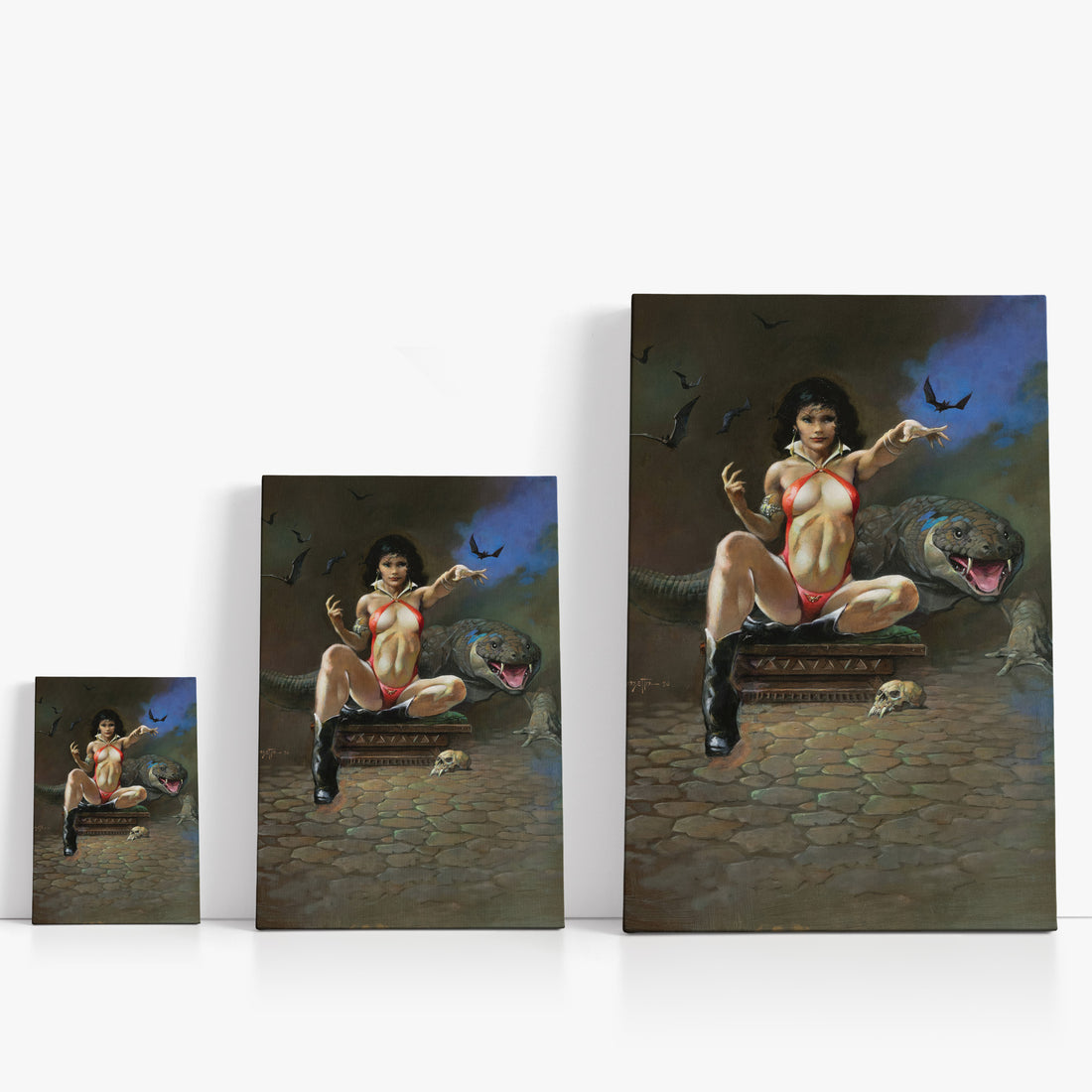 Three wrap-around canvas prints of Frazetta’s Vampiress with Alligator in different sizes, showcasing the artwork with mirror-wrapped edges for a seamless, dimensional look.