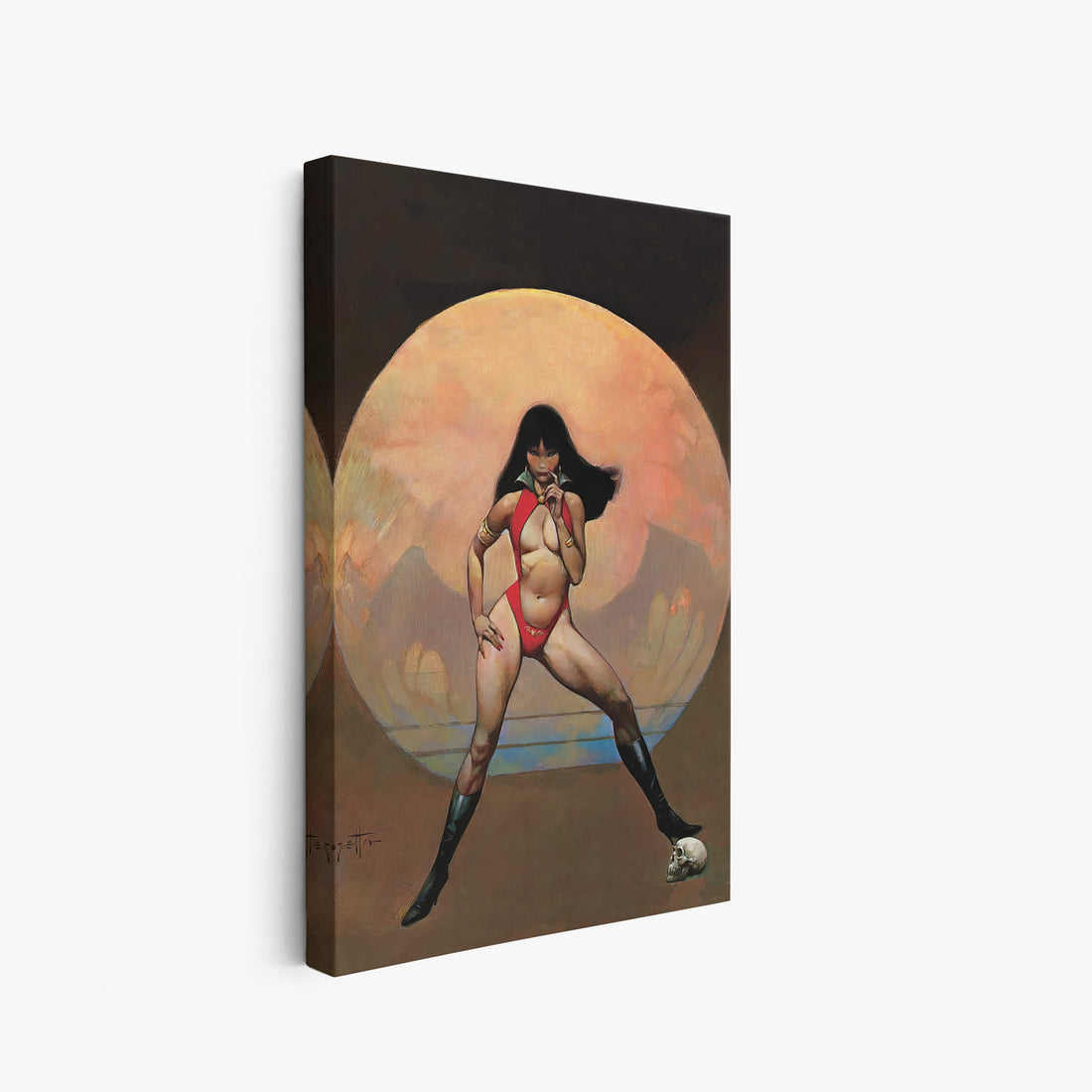 A canvas print of Frazetta’s Vampiress hung on a white wall, showcasing the artwork with mirror-wrapped edges for a seamless, dimensional look.