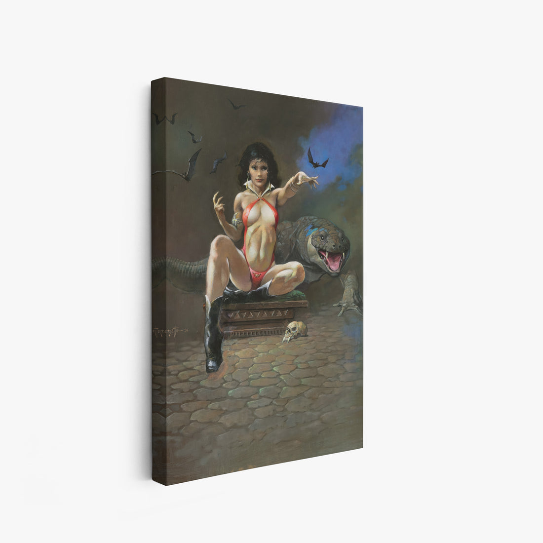 A canvas print of Frazetta’s Vampiress with Alligator hung on a white wall, showcasing the artwork with mirror-wrapped edges for a seamless, dimensional look.