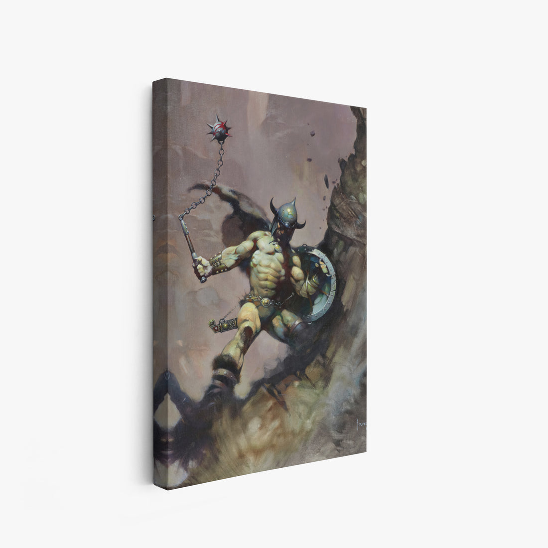 A canvas print of Frazetta’s Warrior with Ball and Chain hung on a white wall, showcasing the artwork with mirror-wrapped edges for a seamless, dimensional look.