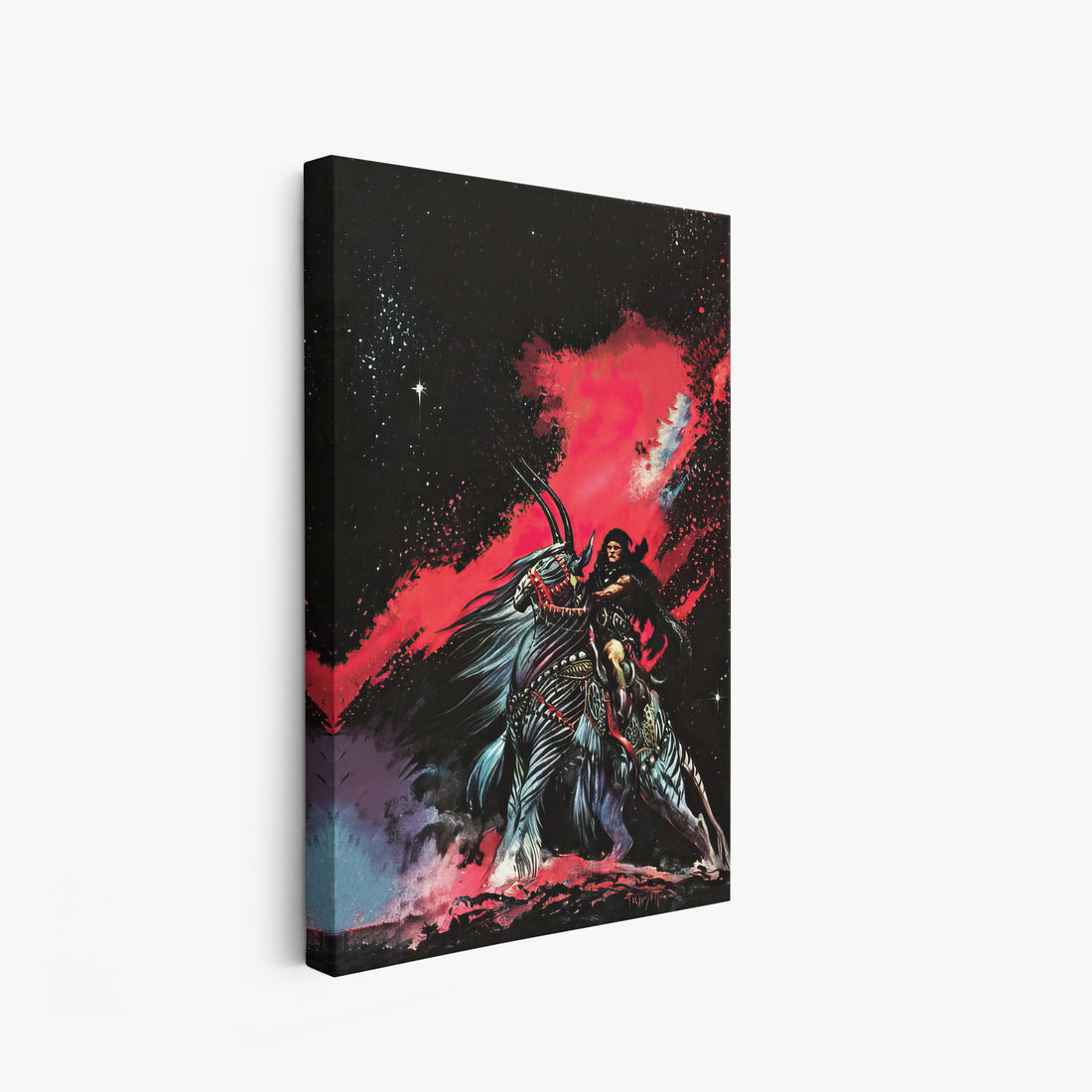 A canvas print of Frazetta’s Warrior of Llarn hung on a white wall, showcasing the artwork with mirror-wrapped edges for a seamless, dimensional look.