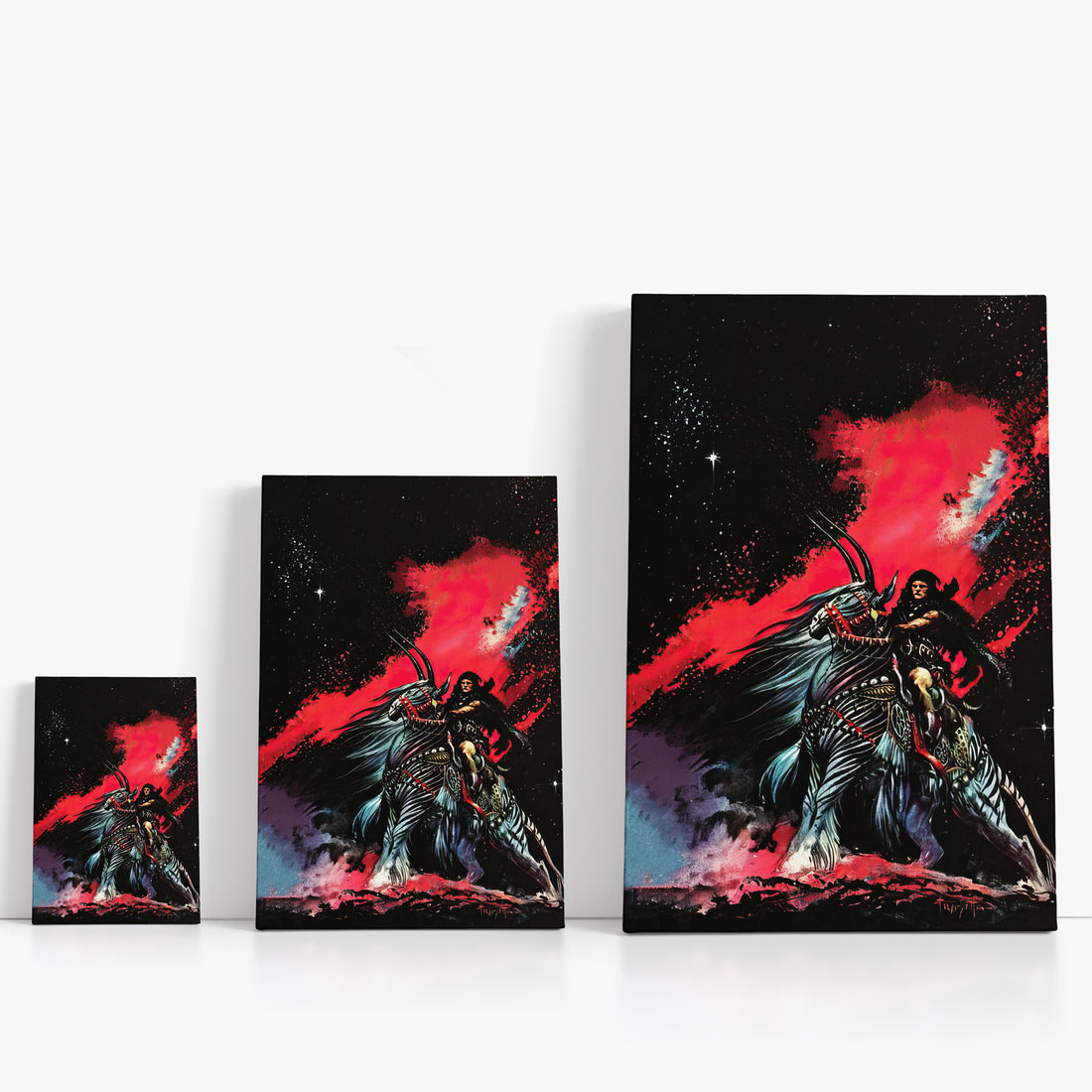 Three wrap-around canvas prints of Frazetta’s Warrior of Llarn in different sizes, showcasing the artwork with mirror-wrapped edges for a seamless, dimensional look.