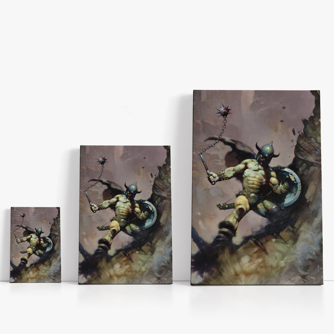 Three wrap-around canvas prints of Frazetta’s Warrior with Ball and Chain in different sizes, showcasing the artwork with mirror-wrapped edges for a seamless, dimensional look.