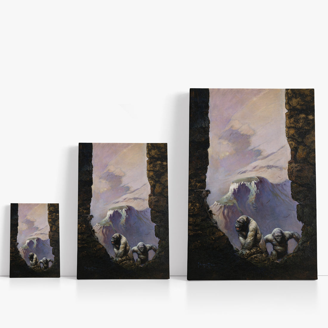 Three wrap-around canvas prints of Frazetta’s White Gorillas in different sizes, showcasing the artwork with mirror-wrapped edges for a seamless, dimensional look.