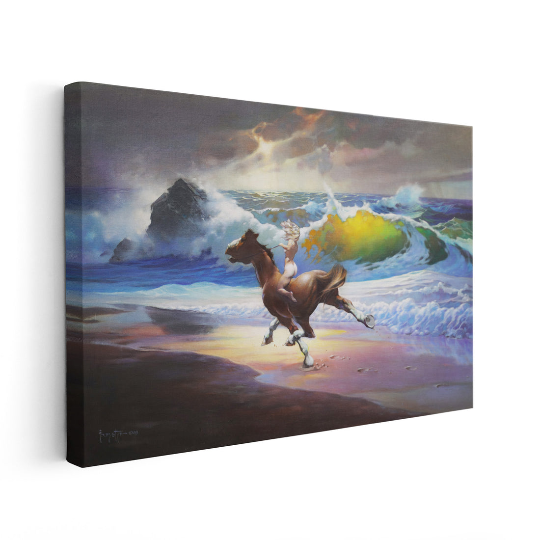 A canvas print of Frazetta’s Wild Ride hung on a white wall, showcasing the artwork with mirror-wrapped edges for a seamless, dimensional look.