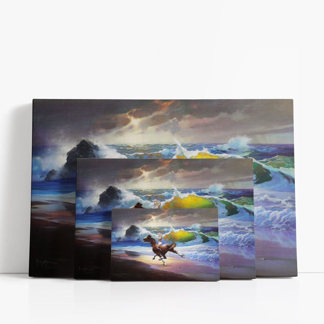 Three wrap-around canvas prints of Frazetta’s Wild Ride in different sizes, showcasing the artwork with mirror-wrapped edges for a seamless, dimensional look.