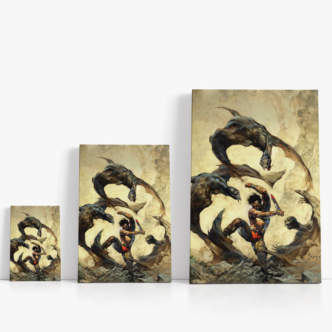 Three wrap-around canvas prints of Frazetta’s Winged Terror in different sizes, showcasing the artwork with mirror-wrapped edges for a seamless, dimensional look.