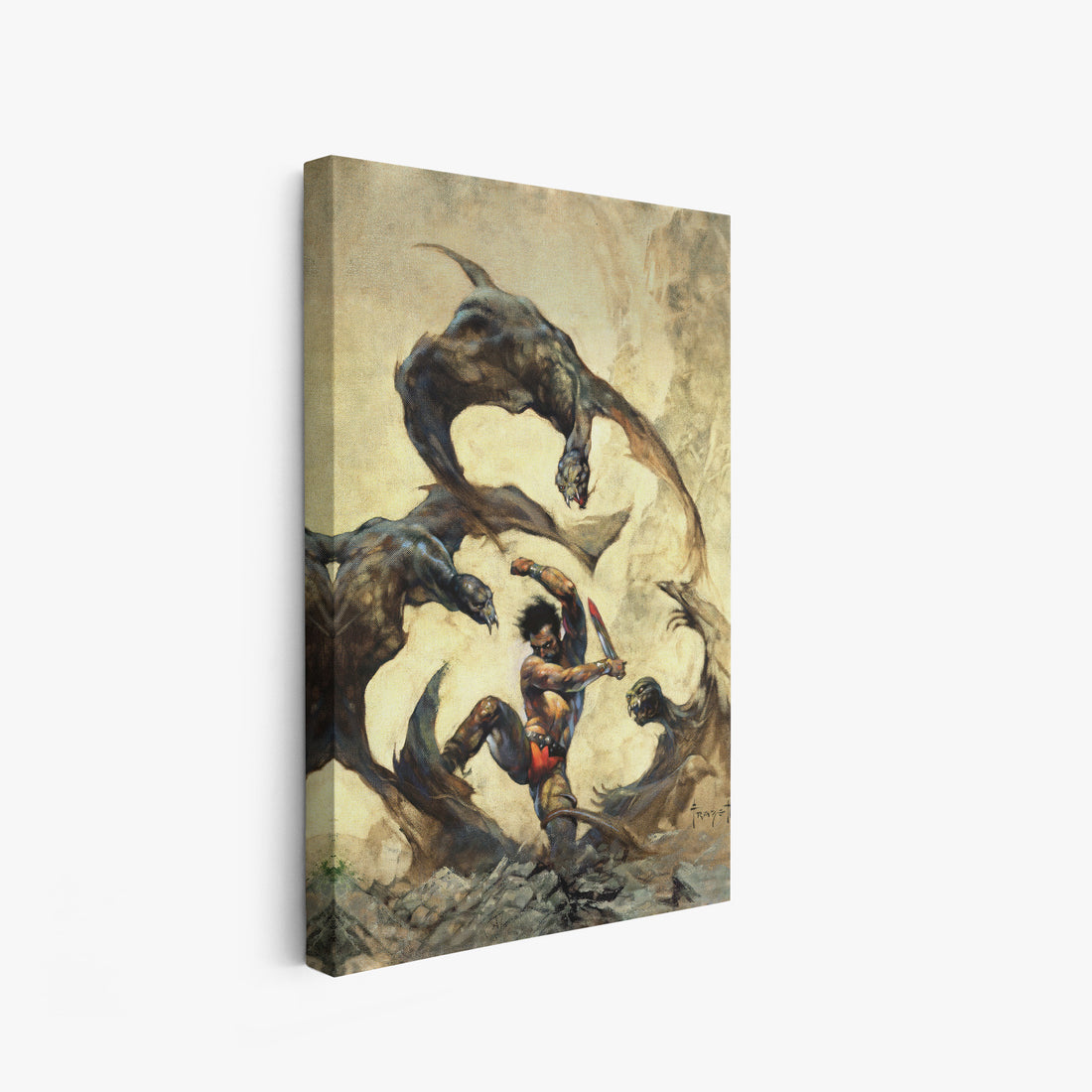 A canvas print of Frazetta’s Winged Terror hung on a white wall, showcasing the artwork with mirror-wrapped edges for a seamless, dimensional look.