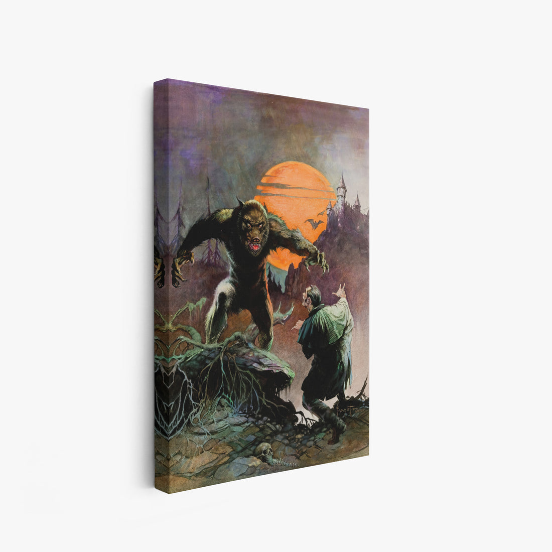 A canvas print of Frazetta’s Wolfman hung on a white wall, showcasing the artwork with mirror-wrapped edges for a seamless, dimensional look.