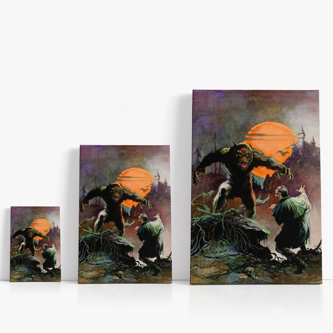 Three wrap-around canvas prints of Frazetta’s Wolfman in different sizes, showcasing the artwork with mirror-wrapped edges for a seamless, dimensional look.