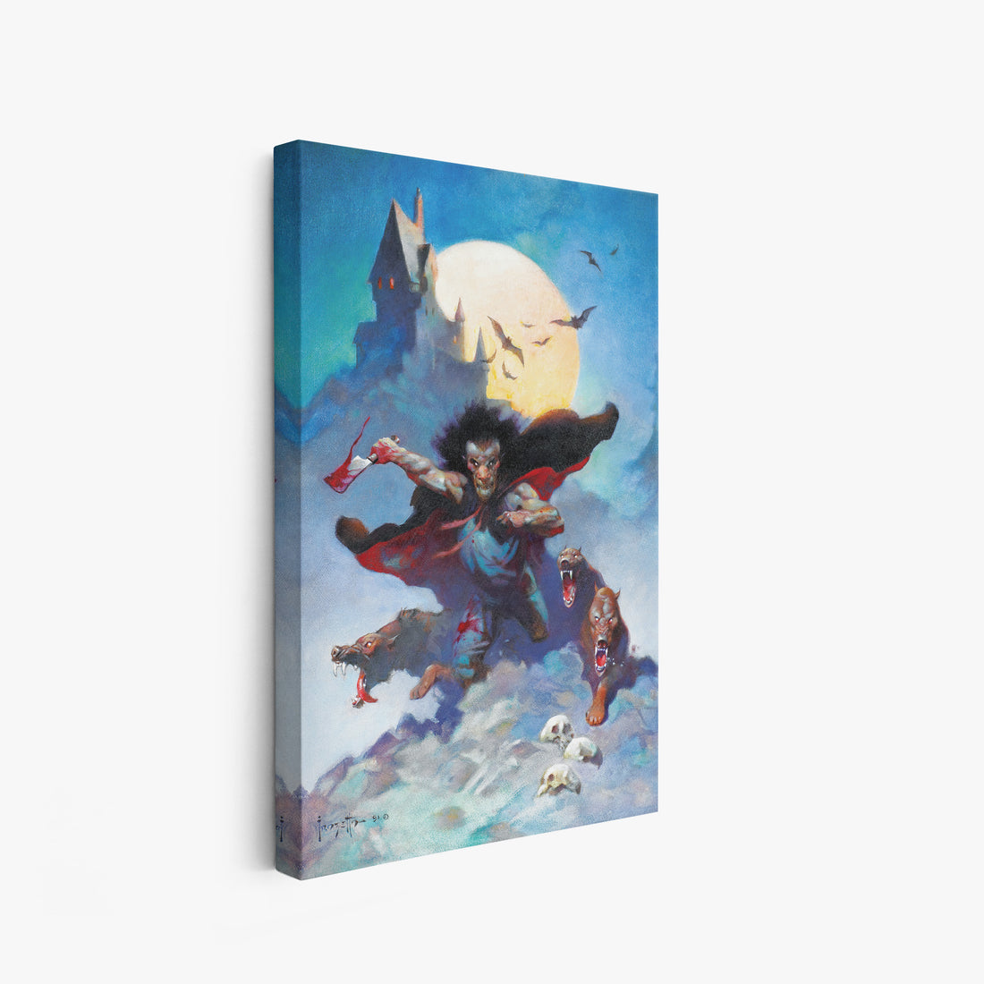 A canvas print of Frazetta’s Wolves Night hung on a white wall, showcasing the artwork with mirror-wrapped edges for a seamless, dimensional look.