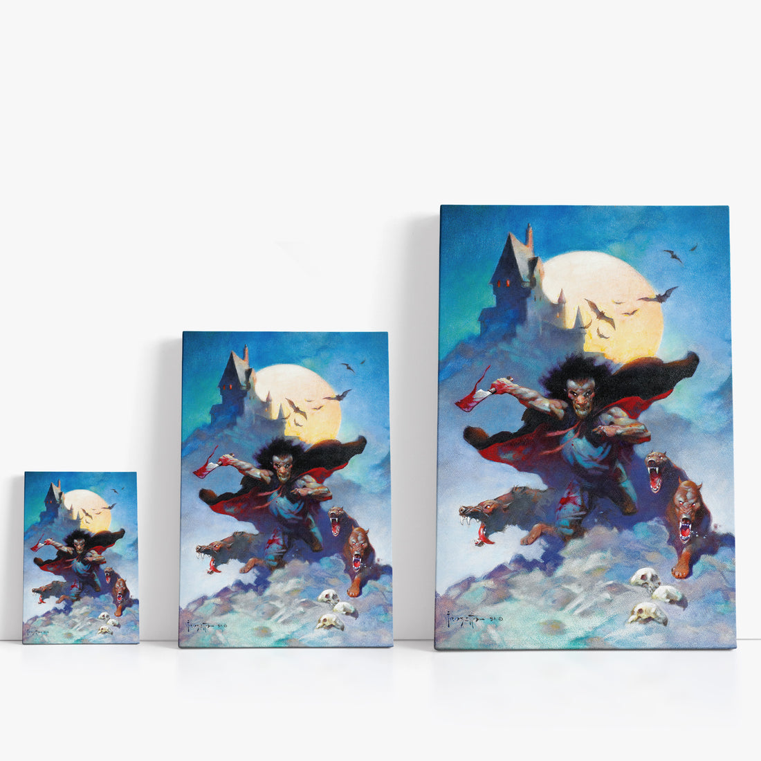 Three wrap-around canvas prints of Frazetta’s Wolves Night in different sizes, showcasing the artwork with mirror-wrapped edges for a seamless, dimensional look.