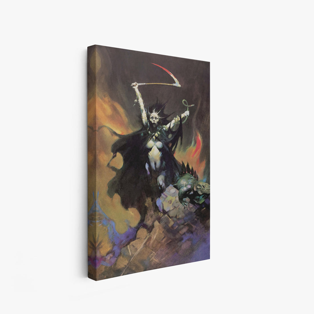 A canvas print of Frazetta’s Woman with Scythe hung on a white wall, showcasing the artwork with mirror-wrapped edges for a seamless, dimensional look.