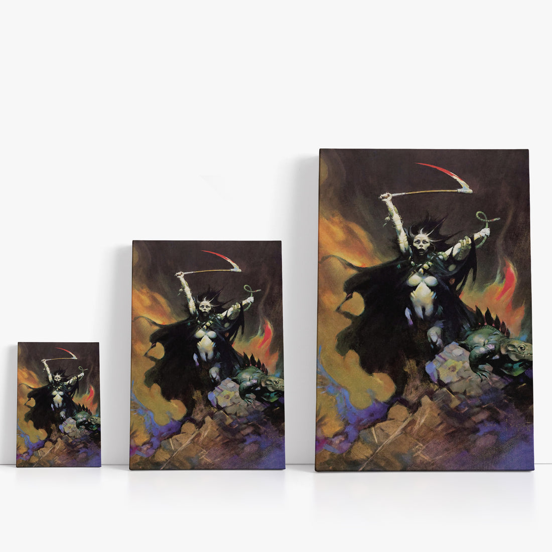 Three wrap-around canvas prints of Frazetta’s Woman with Scythe in different sizes, showcasing the artwork with mirror-wrapped edges for a seamless, dimensional look.