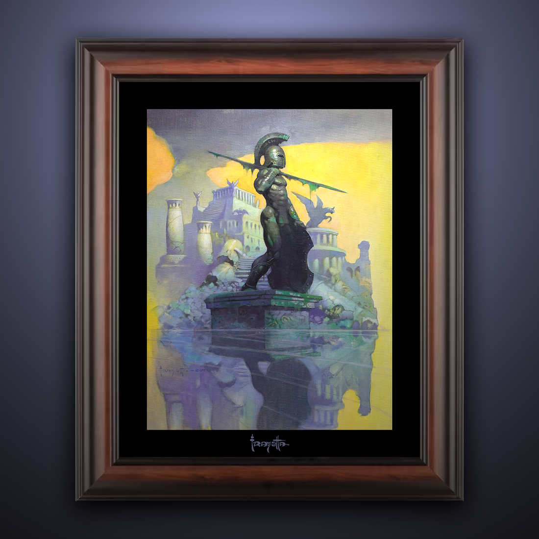 Framed Gallery Series print of &quot;Atlantis&quot; by Frank Frazetta, highlighting vivid colors and dynamic artwork with a deep black 1.5&quot; matting