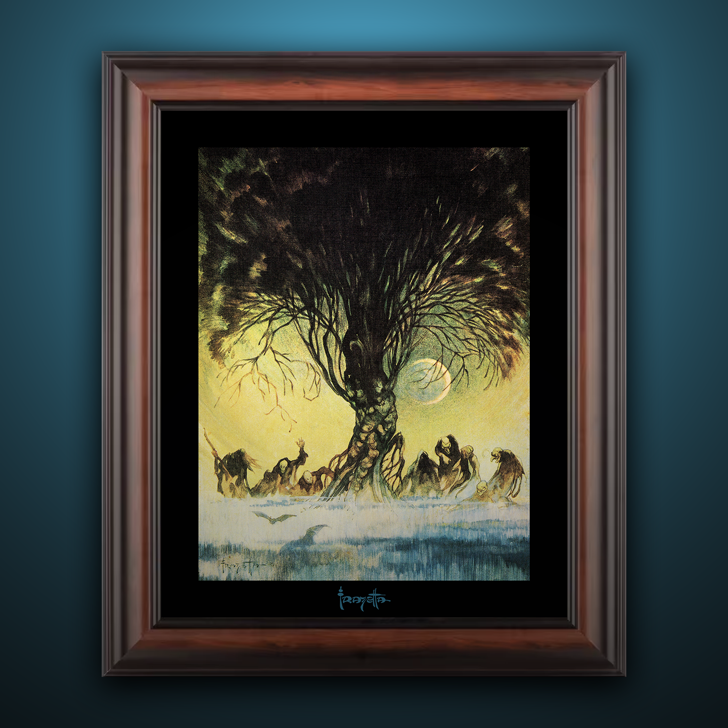 Framed Gallery Series print of &quot;Atlantis&quot; by Frank Frazetta, highlighting vivid colors and dynamic artwork with a deep black 1.5&quot; matting