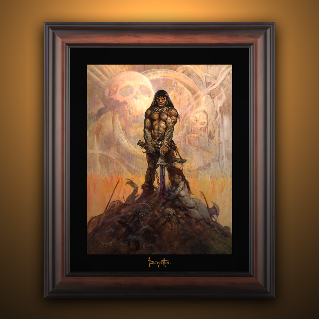 Framed Gallery Series print of &quot;Barbarian&quot; by Frank Frazetta, emphasizing the dynamic composition with black 1.5&quot; matting