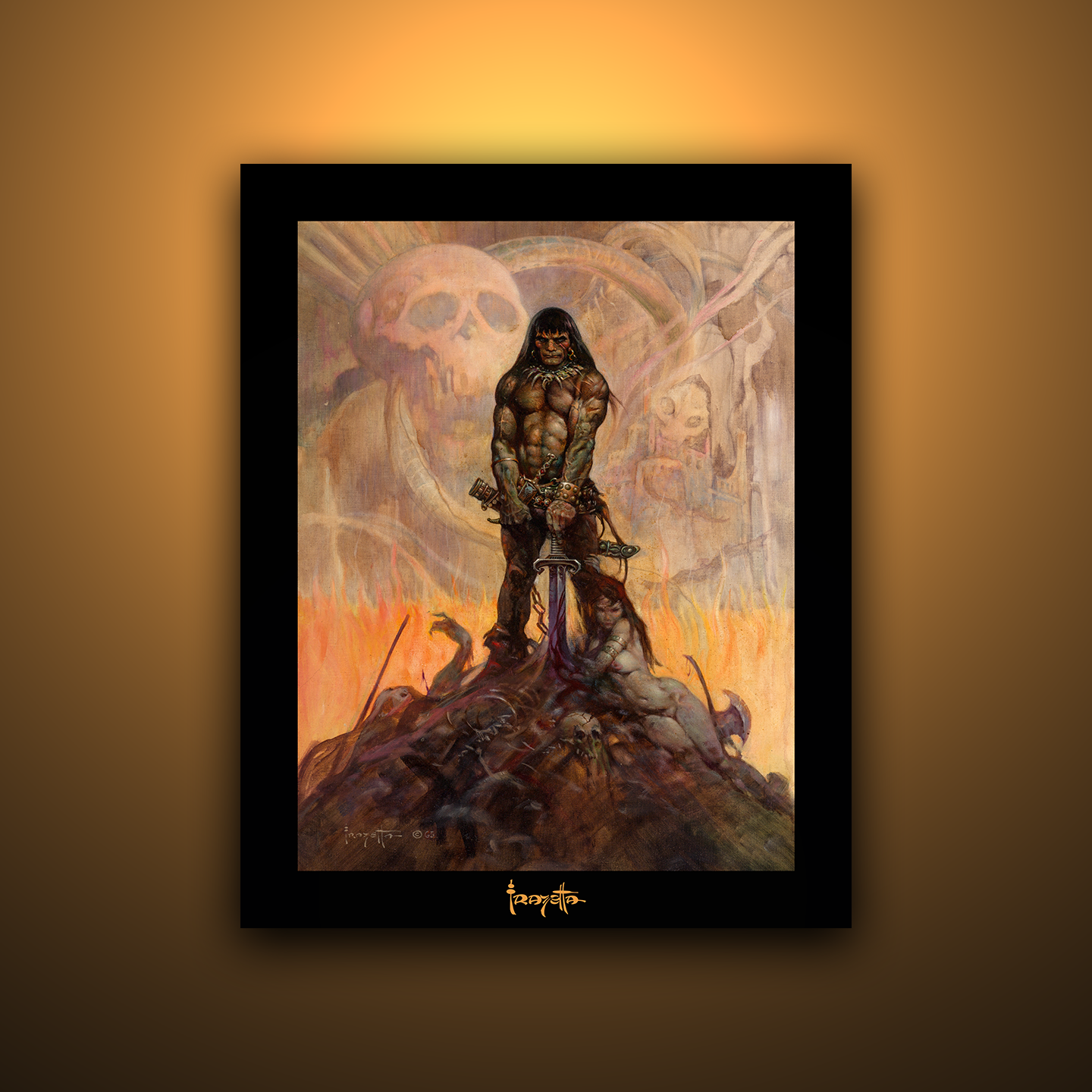 Gallery Series print of &quot;Barbarian&quot; by Frank Frazetta, emphasizing the dynamic composition with black 1.5&quot; matting