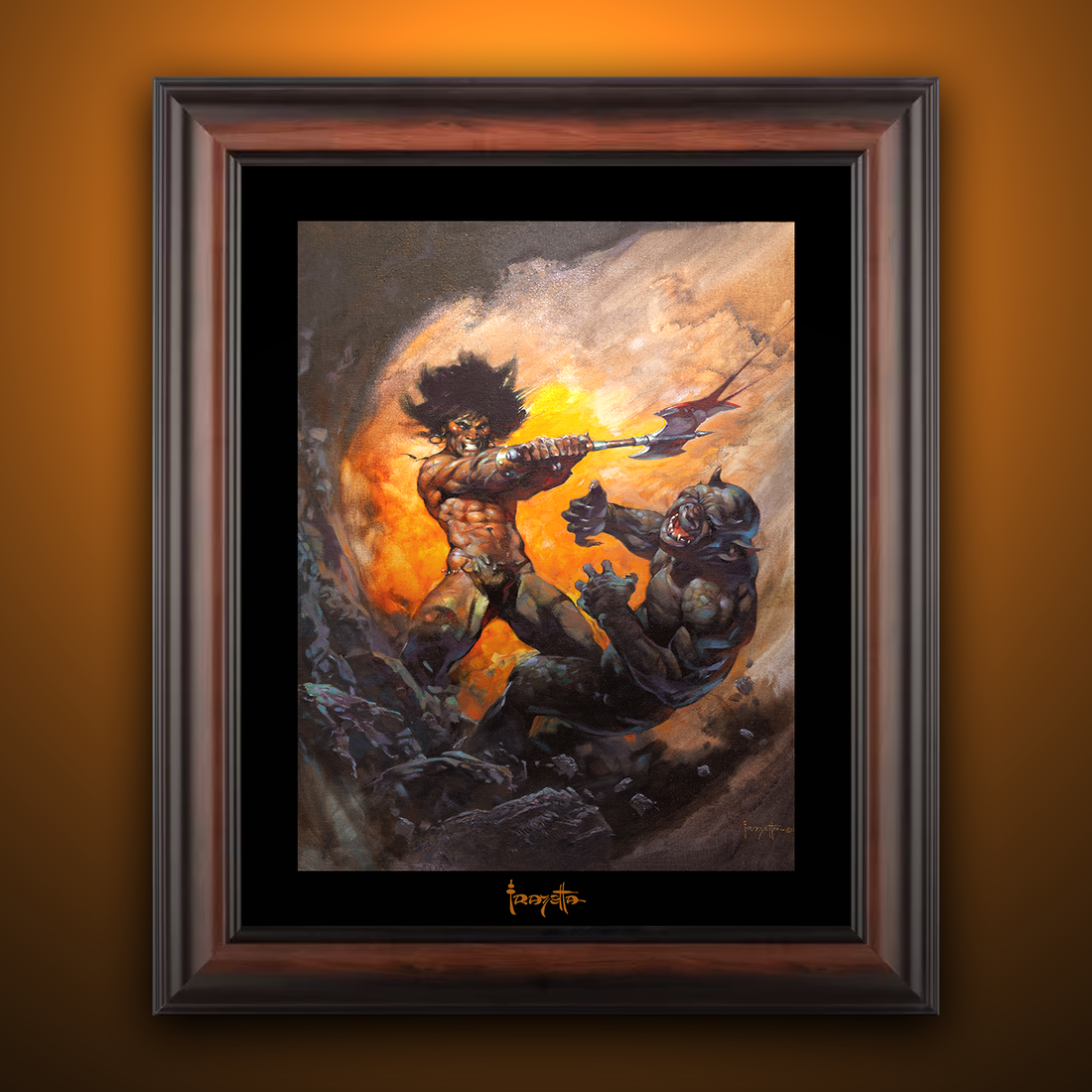 Framed Gallery Series print of &quot;Barbarian with Axe&quot; by Frank Frazetta, highlighting the bold design with black 1.5&quot; matting