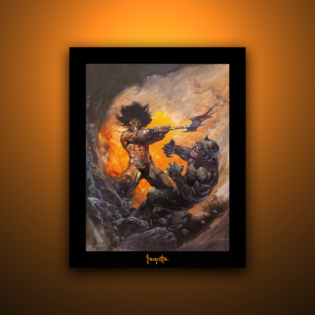 Gallery Series print of &quot;Barbarian with Axe&quot; by Frank Frazetta, highlighting the bold design with black 1.5&quot; matting