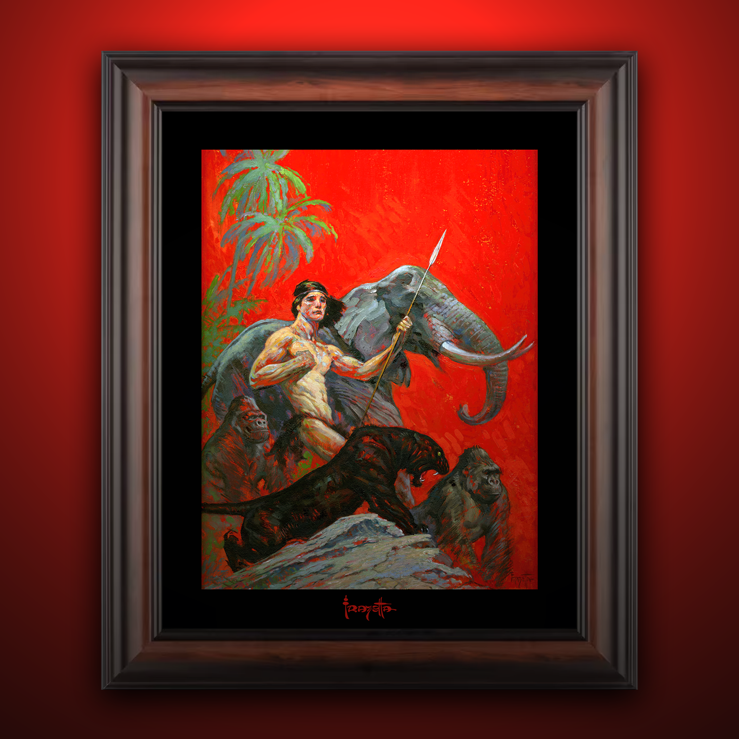 Framed Gallery Series print of &quot;Beasts of Tarzan&quot; by Frank Frazetta, emphasizing the intense scene with black 1.5&quot; matting.