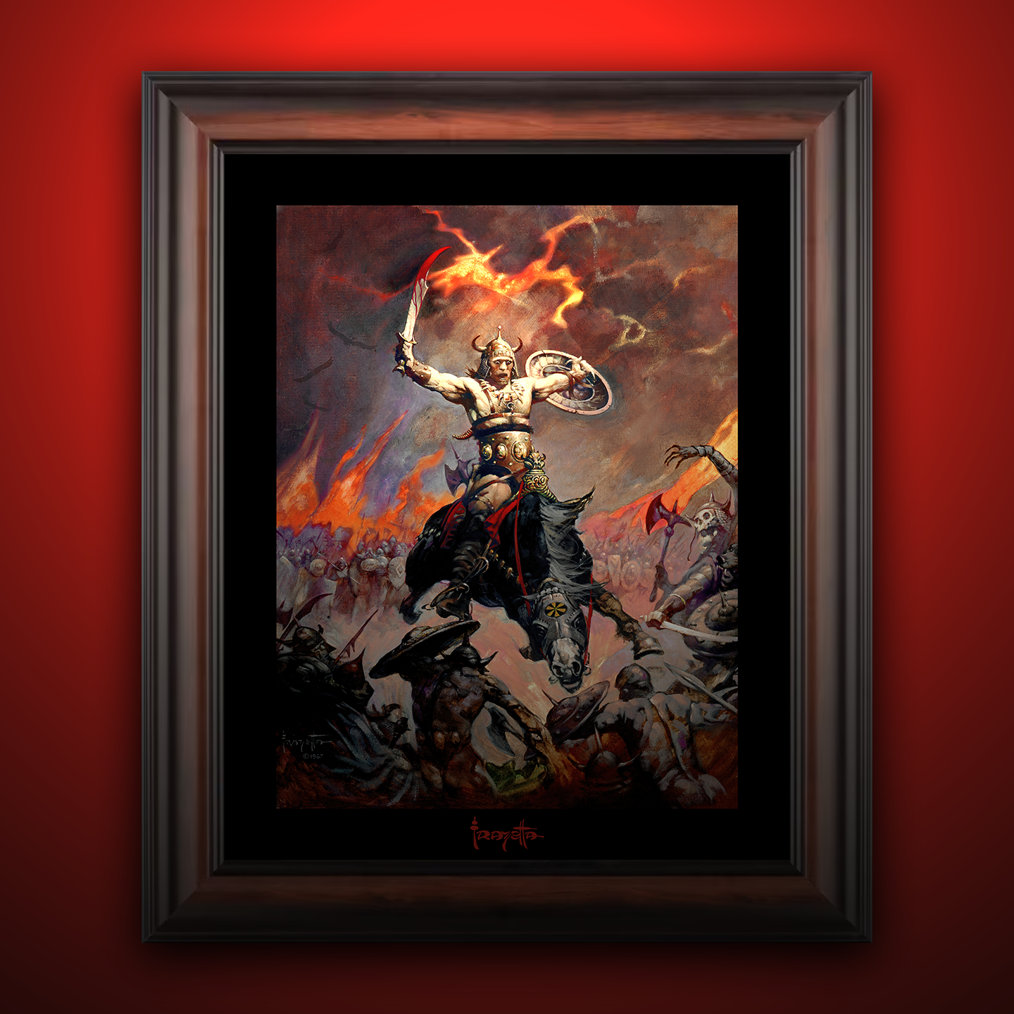 Framed Gallery Series print of &quot;Berserker&quot; by Frank Frazetta, highlighting powerful details with black 1.5&quot; matting.