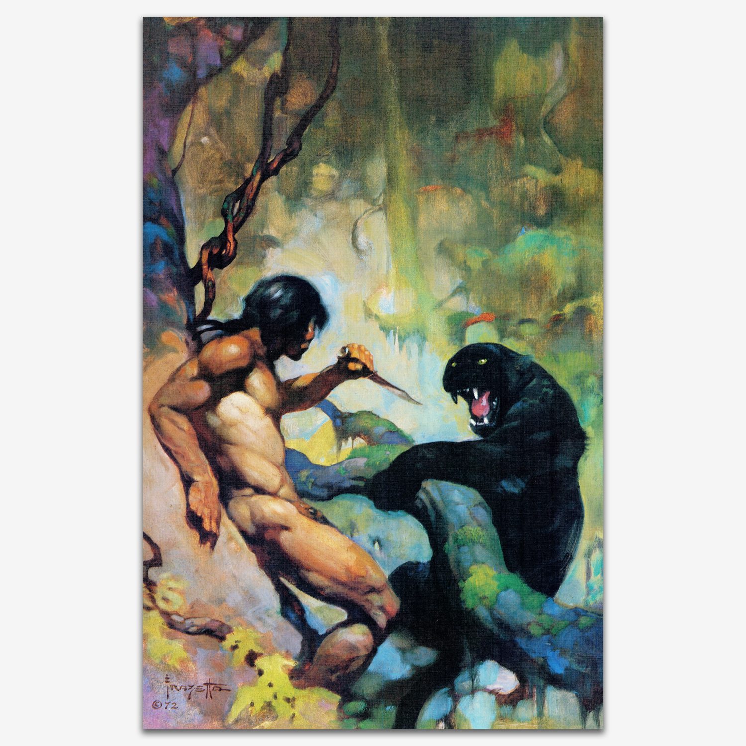 Vintage print of Black Panther by Frank Frazetta, showcasing an intense jungle battle between a man and a panther, set against a lush, untamed backdrop.