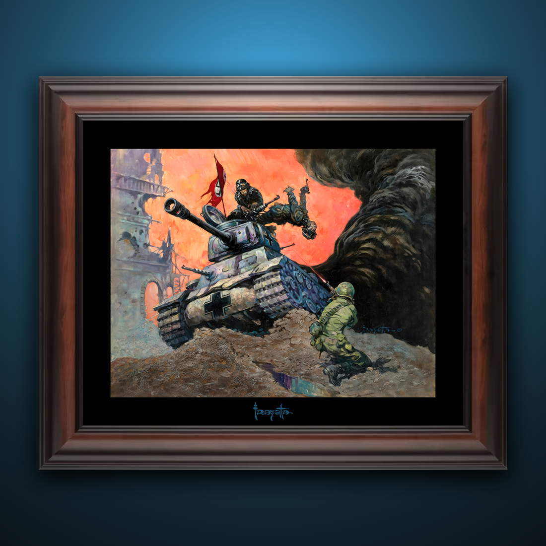 Framed Gallery Series print of &quot;Blazing Combat IV&quot; by Frank Frazetta, highlighting the intense scene with black 1.5&quot; matting.